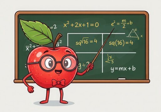 Cartoon apple with glasses teaching math on chalkboard