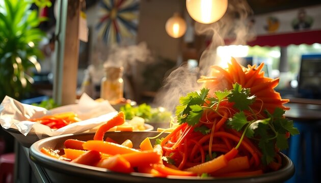 Close-up of vibrant steaming fresh julienne carrots and mixed vegetables with cilantro garnish at a bustling food stall for healthy eating, cooking, and culinary concepts