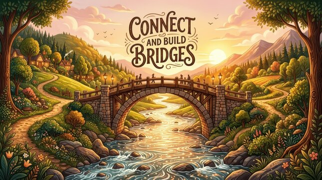Whimsical stone bridge crossing a flowing river in a scenic valley at sunset, with a village on the hill and inspirational text "Connect and Build Bri