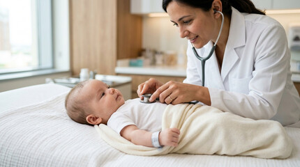 Fototapeta premium Pediatrician examines baby with stethoscope in clinic