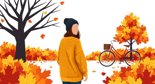 Illustration of a woman walking on an autumn path surrounded by colorful fallen leaves and trees, with a bicycle parked nearby.
