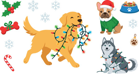 Christmas Dogs Collection with Golden Retriever, French Bulldog, Husky, Holiday Lights, Santa Hat, Snowflakes and Festive Pet Cartoon Vector Illustration © Shasa icon studio