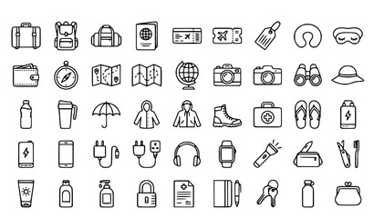 Fototapeta premium Set of 45 Travel Accessories Outline Icons Editable Stroke Linear Vector Collection