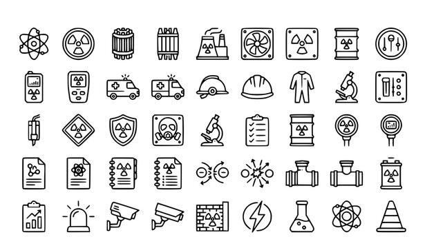 Modern Nuclear Science and Radioactive Safety Outline Icon Set Editable Stroke Linear Vector Illustration