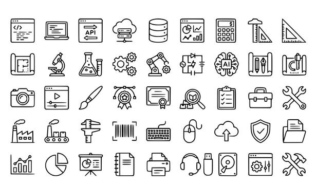 Modern Hard Skills and Technical Competency Outline Icons Editable Stroke Vector Set of 45