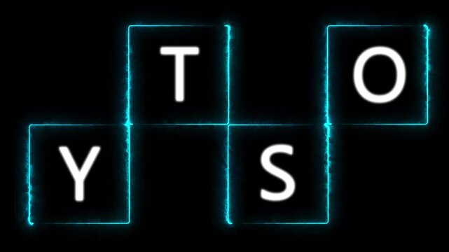 Cyberpunk Neon Letter Cubes Layout: Abstract Futuristic Crossword Grid, Creative Technology Text Typography Sign, and Scrabble Gaming Interface Overlay for Tech Video Presentation.