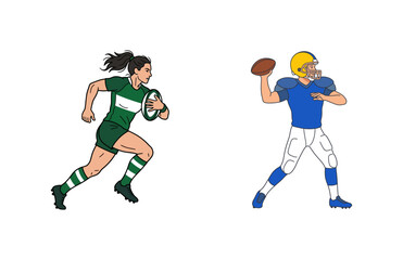 Obraz premium Female Rugby Player Running With Ball And Male American Football Quarterback Throwing Pass
