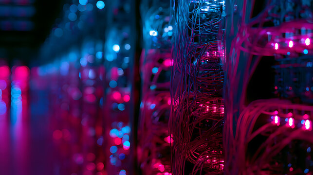 A closeup view of servers in an AI data center showcasing intricate wiring and LED lights