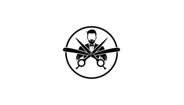 A minimalist logo featuring a stylized illustration of a man's head with scissors and comb crossed over it, encircled by a line
