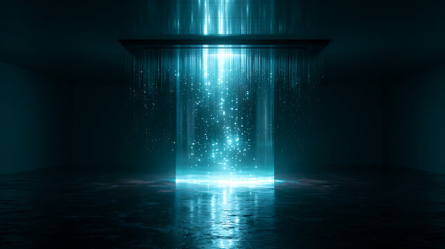 A futuristic quantum computer with glowing qubits floating in a dark room (3)