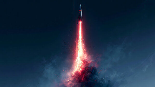 A futuristic rocket launching into space with bright flames and smoke trailing behind