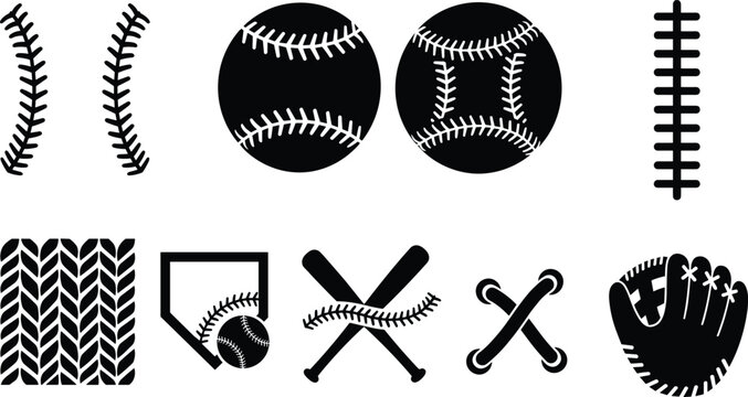 Baseball equipment red stitches ball crossed bats leather glove home plate solid glyph vector icon set on white