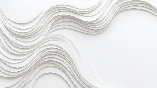 White abstract flowing waves design. Minimalist 3D paper cut background with smooth curves.