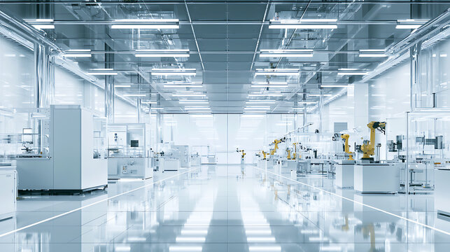 A high-tech semiconductor factory floor with advanced machinery and robotic arms working in sync (3)