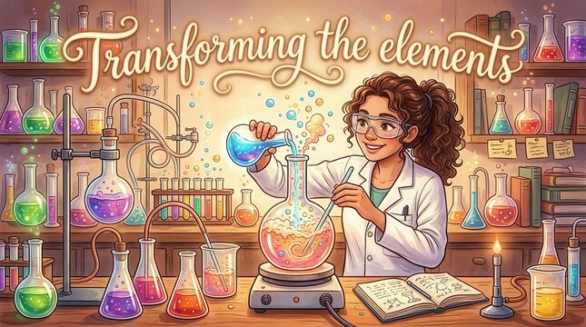 Young scientist conducting colorful experiment in laboratory, transforming elements with bubbling beakers and flasks