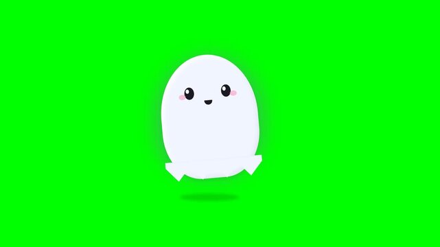 Cute Animated White Ghost Character Floating on Green Screen Background.