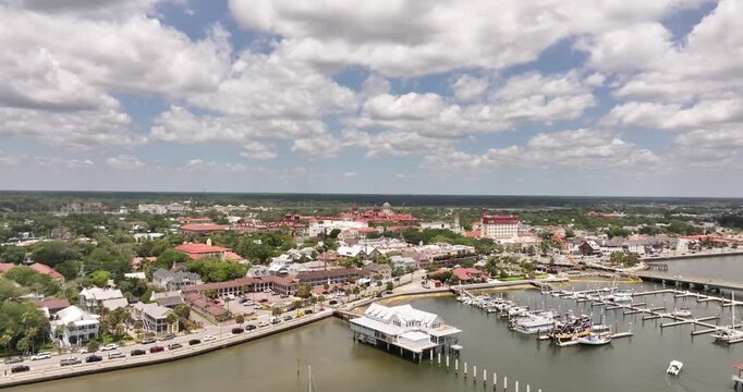 Aerial Drone View of Historic Downtown St. Augustine Florida, Marina and Waterfront Skyline&rdquo; on July 24 2026 Aerial drone footage showcasing historic downtown St. Augustine, Florida