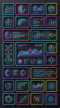 Digital data visualization dashboards in neon colors with geometric shapes showing analytics and charts for user interface design and technology use