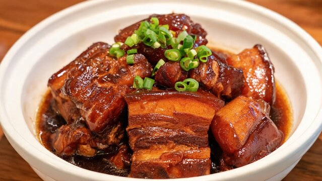 Close-up gourmet shot of glossy braised pork belly cubes coated in thick dark soy sauce gravy, topped with fresh spring onion slices in white ceramic bowl, traditional Chinese hong shao rou comfort fo