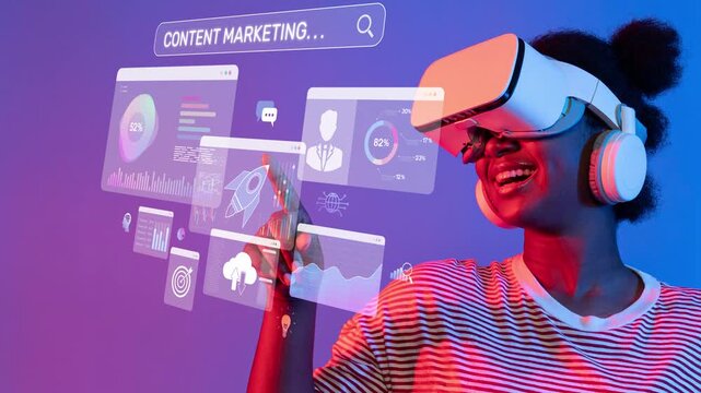 A cheerful woman wearing a virtual reality headset interacts with engaging data visualizations, highlighting the intersection of technology and content marketing. Raster