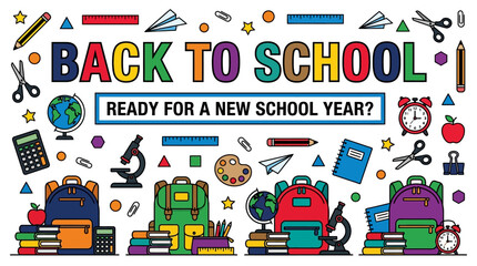 Naklejka premium Back to school banner asks if students are ready for a new school year with colorful icons and supplies.