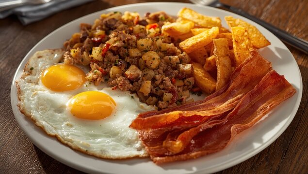 Eggs over corned beef hash and potato wedges with turkey bacon.