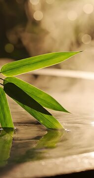 Cinematic macro shot of warm water ripples with bamboo leaf and soft mist