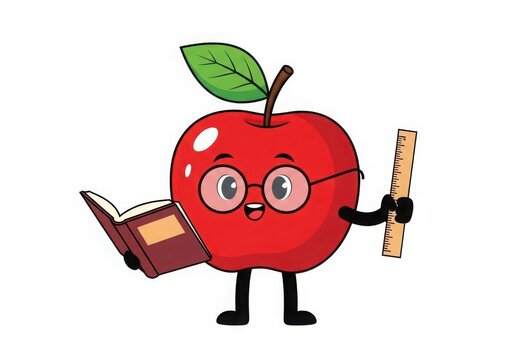 Cartoon apple character holding book and ruler with glasses