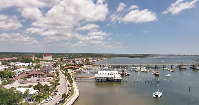  Aerial Drone View of St. Augustine Florida Historic Waterfront, Bridge of Lions and Matanzas Bay Marina&rdquo;