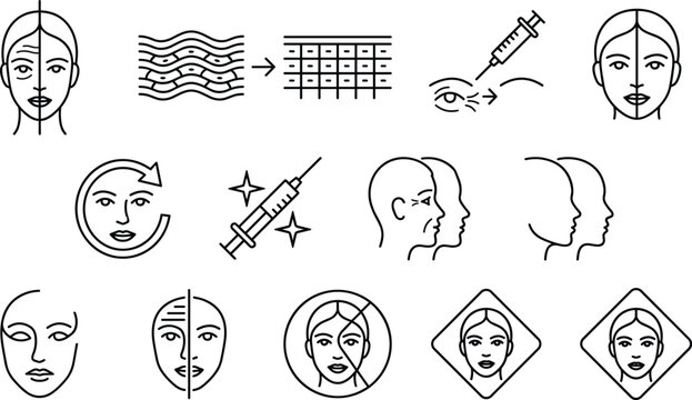 Cosmetic anti aging wrinkle injection face lift skin cell regeneration line vector icon set on white