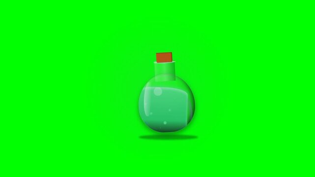 Animated Green Magic Potion Bottle Floating on Green Screen.