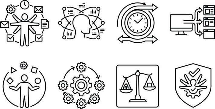 Work management multitasking task prioritization time optimization business workflow automation line vector icon set on white