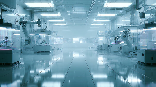 A futuristic clean room with robotic arms handling silicon wafers for semiconductor manufacturing (3)