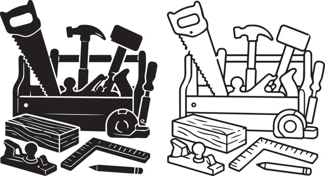 Set of construction tools and building supplies on rack
