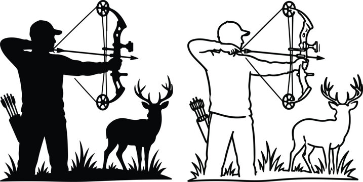 Hunter aiming bow at deer in wild field with antlers