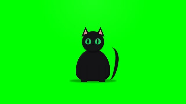 Cute Animated Black Cat Character Sitting on Green Screen Background.