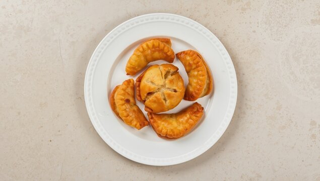 Fried curry dumplings on a white plate, filled with meat or vegetables. Overhead view.