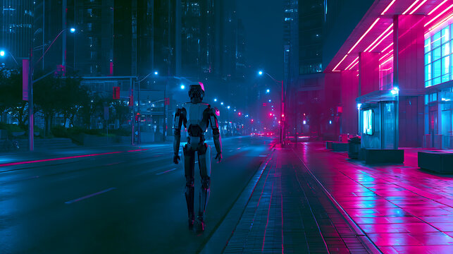 A sleek humanoid robot walking through a modern city street at night
