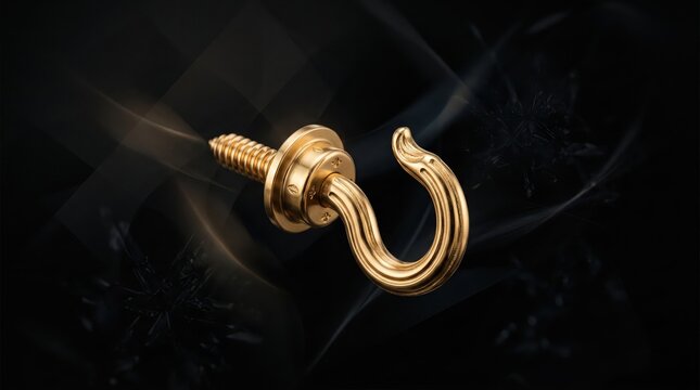 Golden ceiling hook screw for wall and wood on black backdrop.