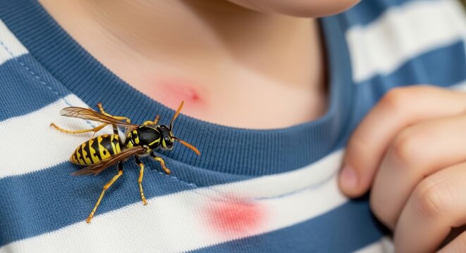 Child with wasp on shoulder and insect bite marks.