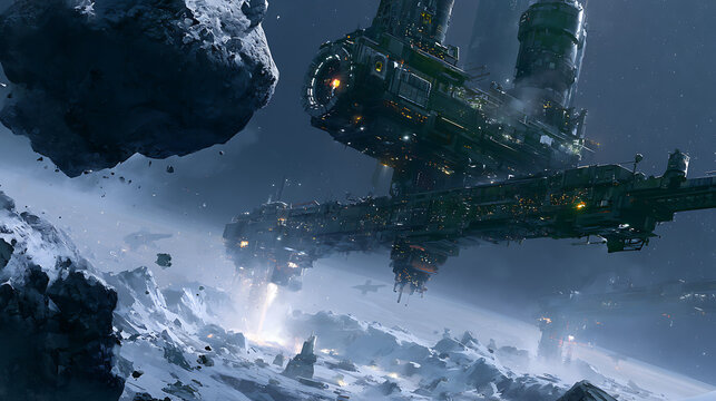 Advanced space mining operation extracting resources from an asteroid