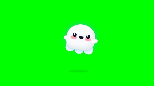 Cute Animated Ghost Character Floating on Green Screen Background.