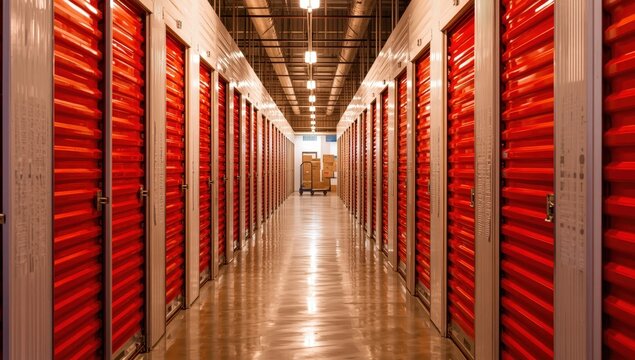 Hallway of storage units featuring red doors. Rental storage facilities.