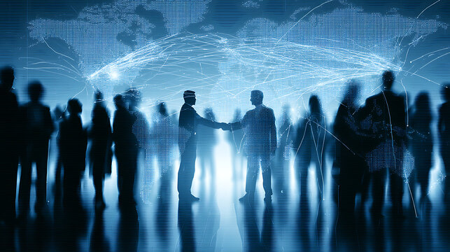 Diverse business people shaking hands in front of a world map showing trade routes (3)