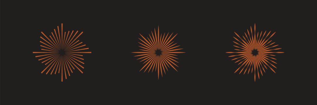 Sun rays images on black background. Firework hand drawn icons set. Vector.