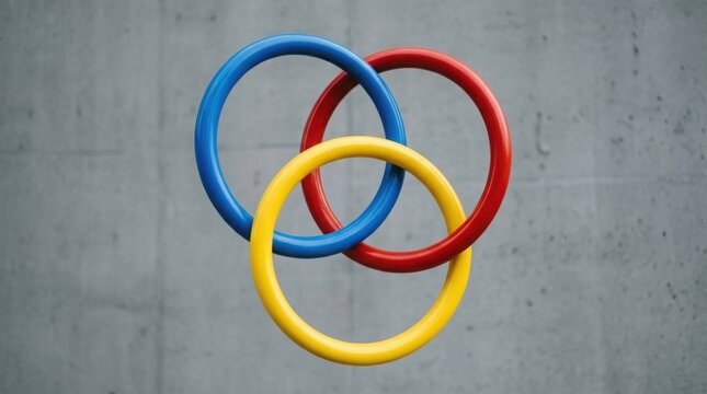 Three intersecting colorful rings. Abstract geometric circles representing unity and teamwork.