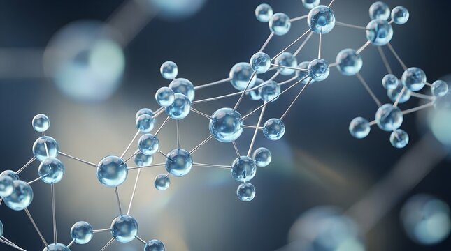 Scientific visualization of a complex molecular structure featuring translucent glass spheres and connective bonds