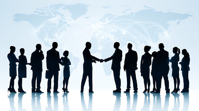 Diverse business people shaking hands in front of a world map showing trade routes