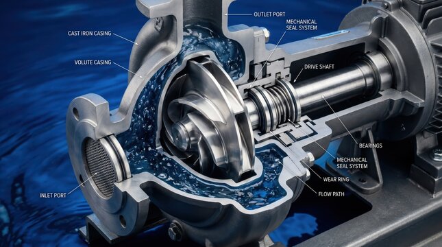 Interior of a strong water pump, featuring the impeller and sealing mechanism.