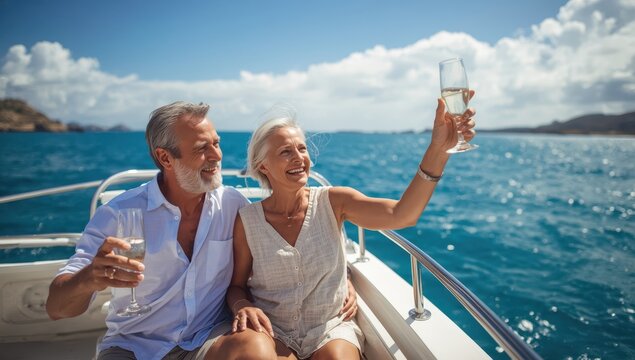 Joyful elderly couple on a yacht deck in the ocean, enjoying wine and laughing.